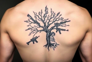 burning tree of life with firearms scattered and nude woman tattoo idea