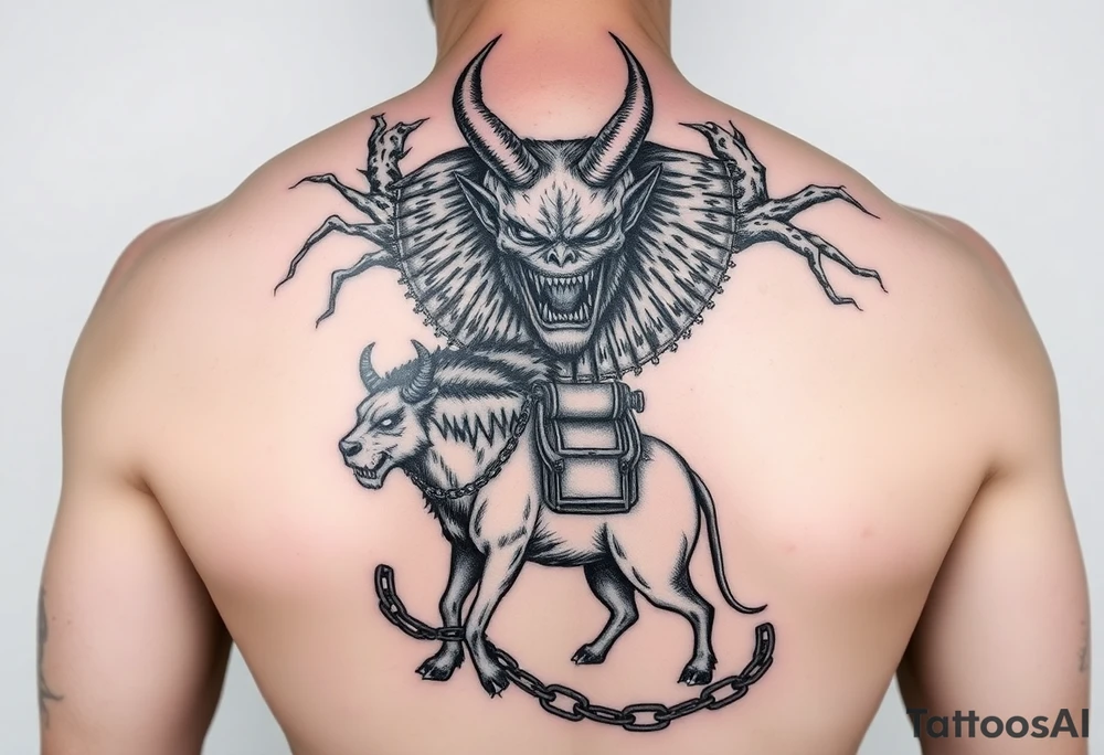 A demonic giant as tall as the trees he coming out of and on the end of the chain he is holding with the most dangerous animal aswell as a strange creature on a saddle held as slaves of the gian whom has firery eyes tattoo idea