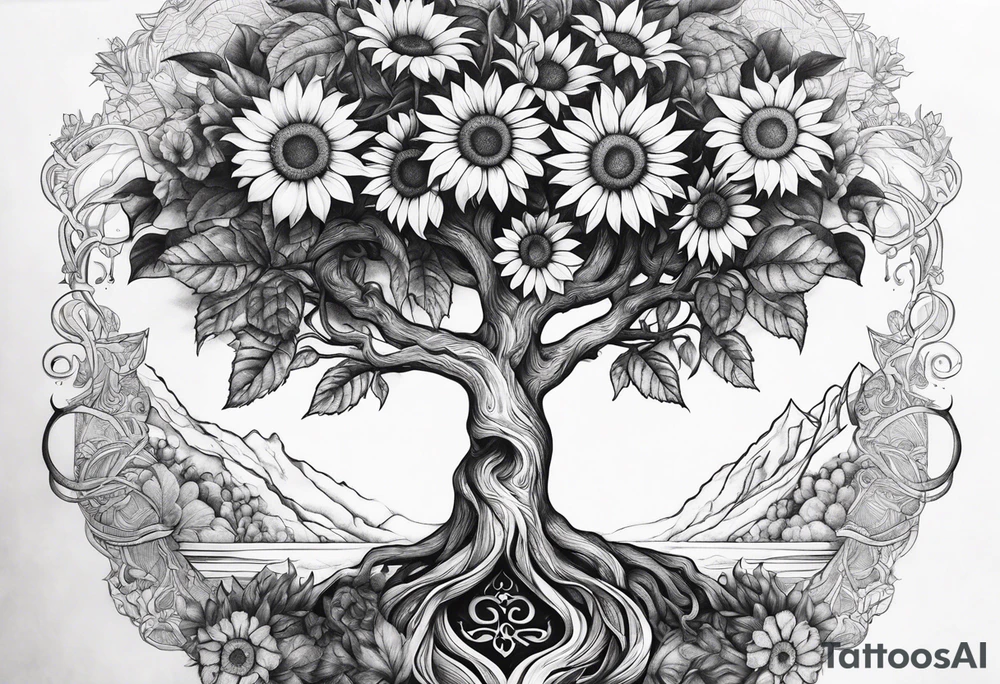 Feminine Yggdrasil tree with two sunflowers tattoo idea