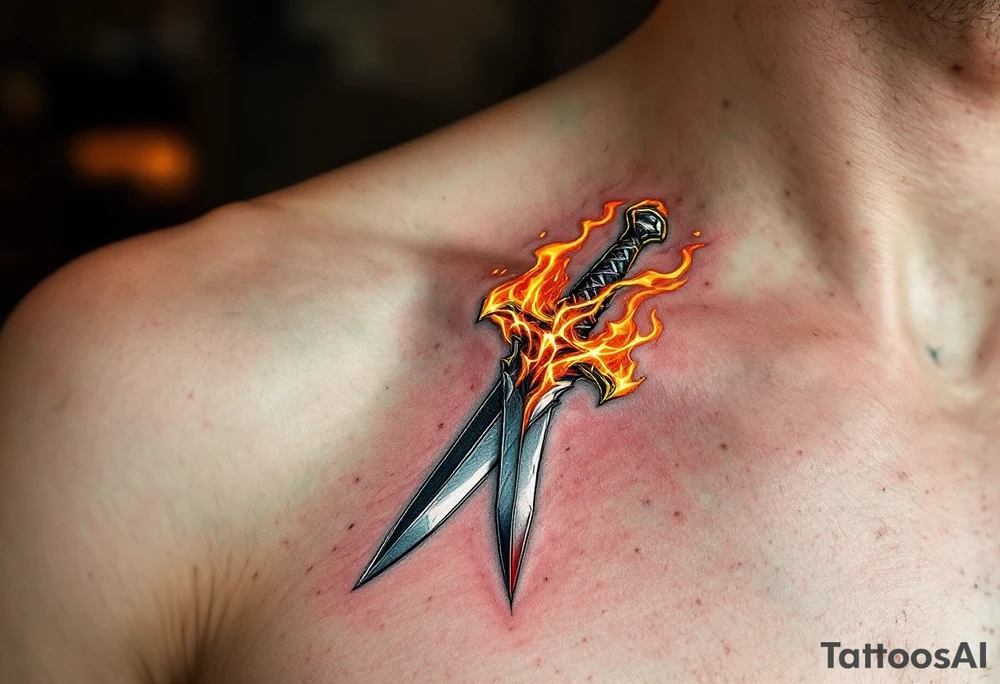 Dagger in Fire – A dagger engulfed in flames of orange, yellow, and red, with the blade in polished steel contrasting against the fiery background. The flames are vivid, wrapping around the dagger in a dynamic motion. tattoo idea