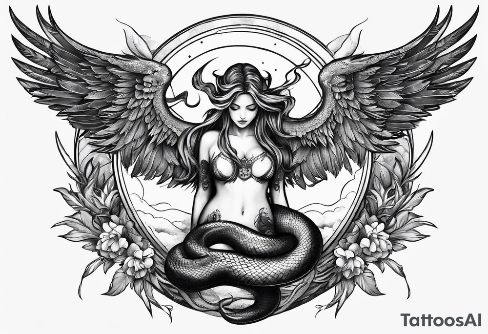 Lucifer (half angel and half snake) wraps the moon in the sky tattoo idea