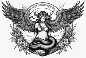 Lucifer (half angel and half snake) wraps the moon in the sky tattoo idea