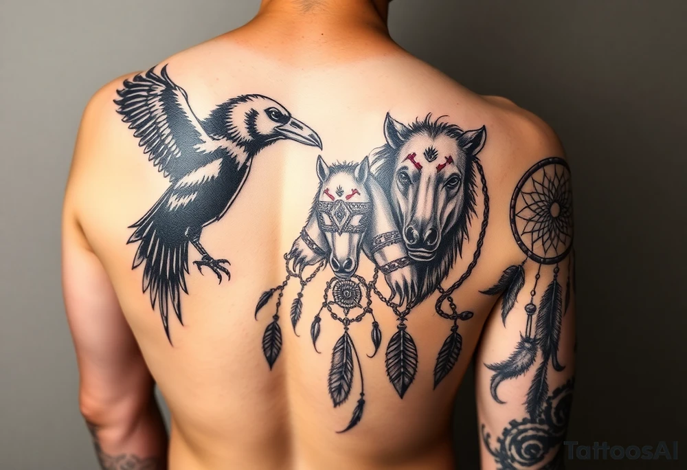 Native American 3/4 sleeve with black and grey realism featuring a raven, wild horses, a grizzly with scars over his eyes, and a dream catcher tattoo idea