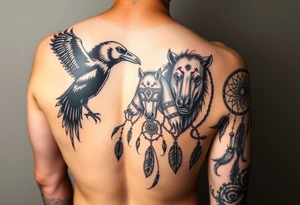 Native American 3/4 sleeve with black and grey realism featuring a raven, wild horses, a grizzly with scars over his eyes, and a dream catcher tattoo idea
