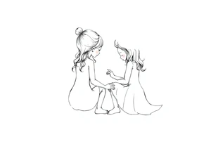 Zwei kleine mädchen sitzen sich gegenüber eine hat einen Dutt die andere einen Zopf und sie berühren sich an den Fußsohlen tattoo idea