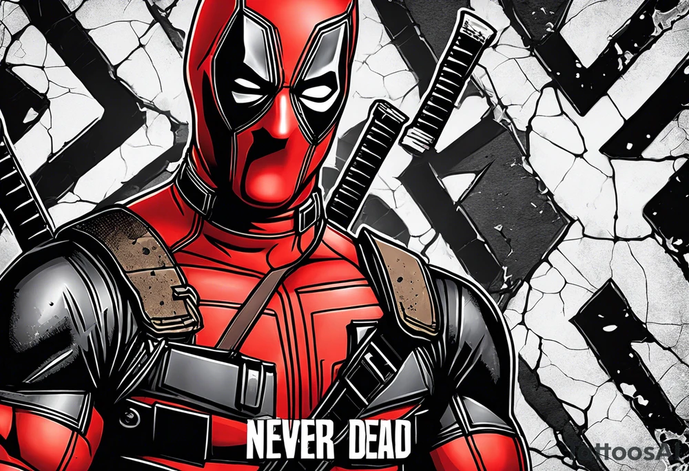 Banner with Text: A worn, dark banner wraps around Deadpool with the phrase "NEVER DEAD" in bold, cracked letters that give a strong and aggressive impression. The banner has small torn details, as if it’s been through rough conditions, with shading that adds depths. tattoo idea