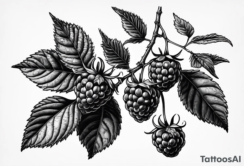 a single long raspberry branch that is growing downwards and skinny in width tattoo idea