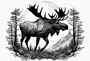 a psychedelic moose in the forest with a full moon tattoo idea