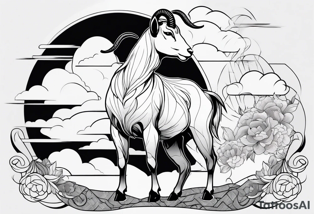 full body goat with clouds in japanese style tattoo idea