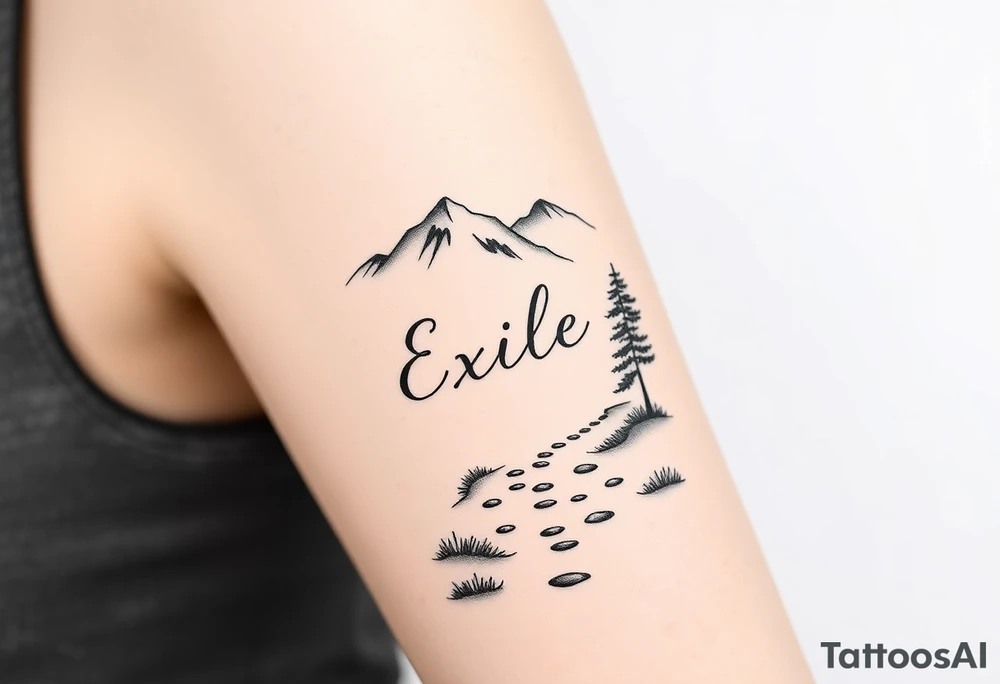 A path in the woods with mountains in the background. The word "Exile" blended in the drawing with font  IM Fell DW Pica Italic tattoo idea