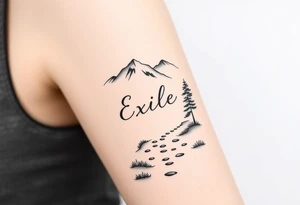 A path in the woods with mountains in the background. The word "Exile" blended in the drawing with font  IM Fell DW Pica Italic tattoo idea