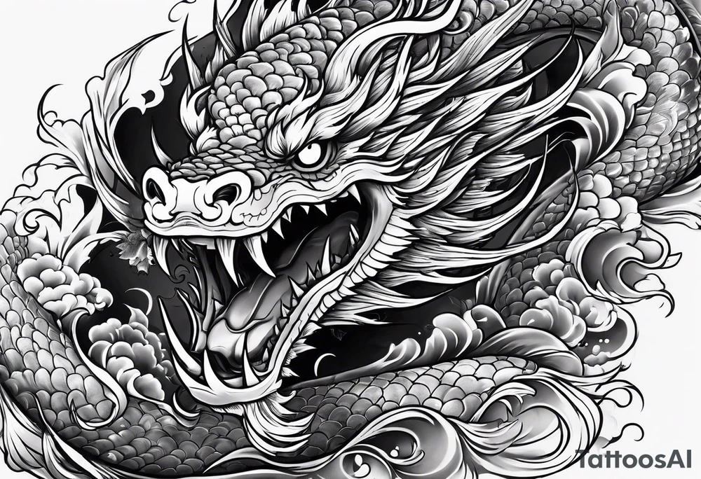 Dark skull and dragon  koi fish tattoo idea