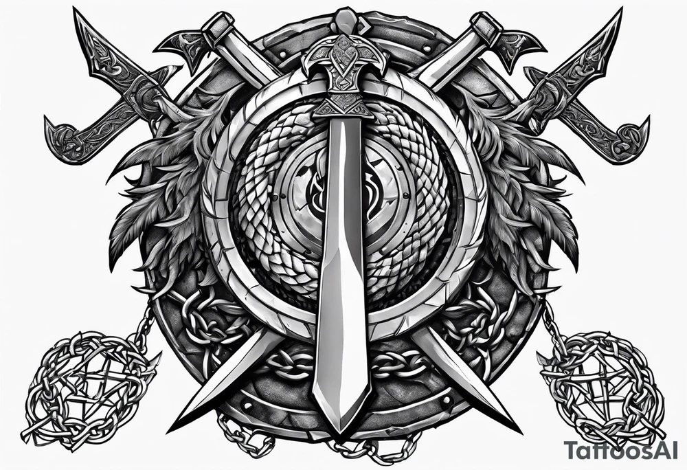 Valhalla sword shield dragon axe Valknut barbed wire chains tattoo idea