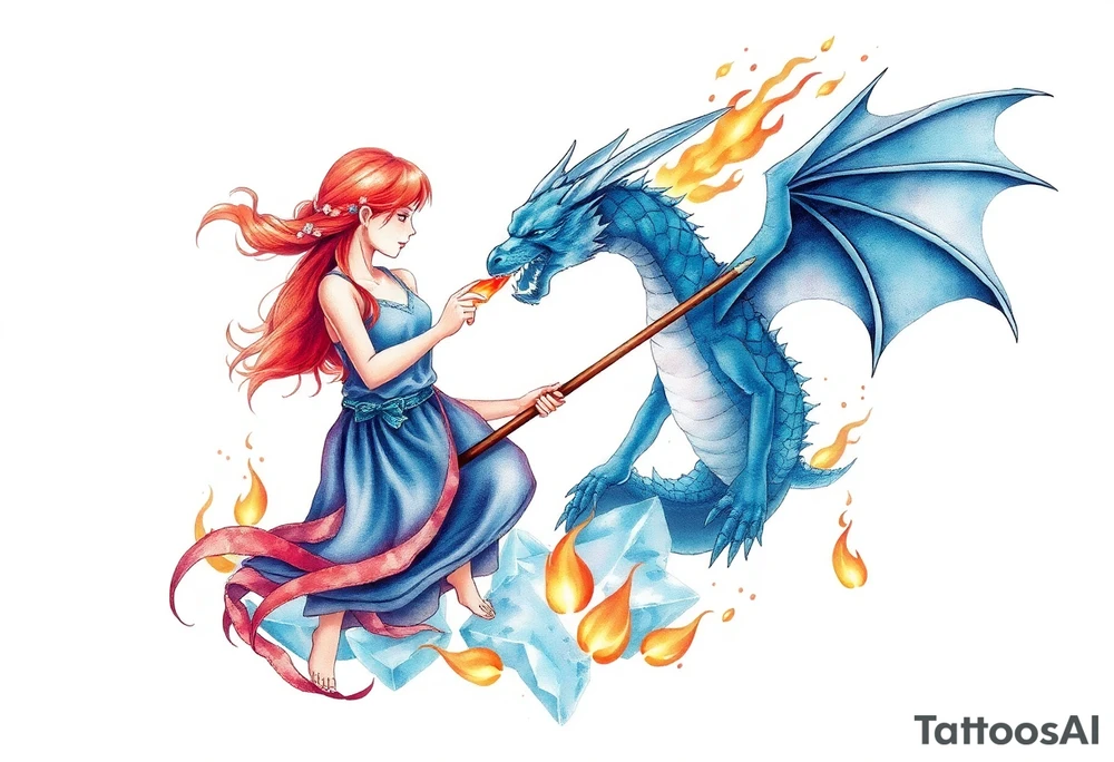 Redheaded girl with a spear killing a blue dragon who is breathing fire with wings spread and flying over ice and flames tattoo idea