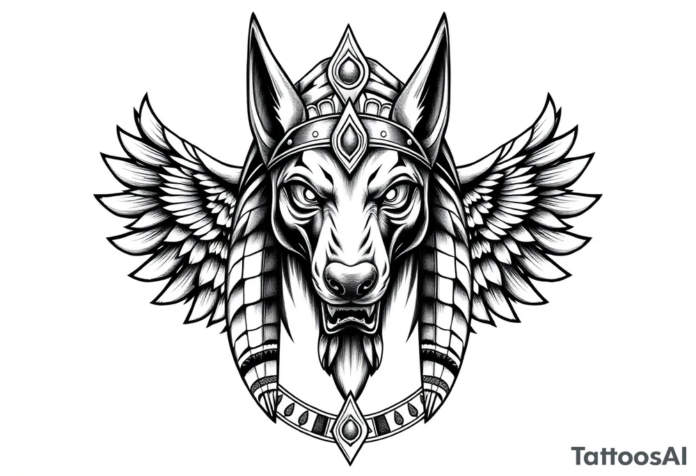 Egyptian Anubis god powerful face muscle in Egypt style with mantle on head dog face surrounded Egyptian symbols tattoo idea