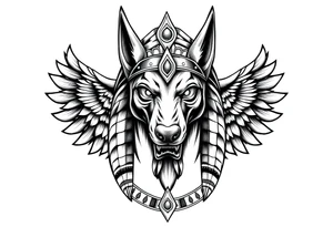Egyptian Anubis god powerful face muscle in Egypt style with mantle on head dog face surrounded Egyptian symbols tattoo idea