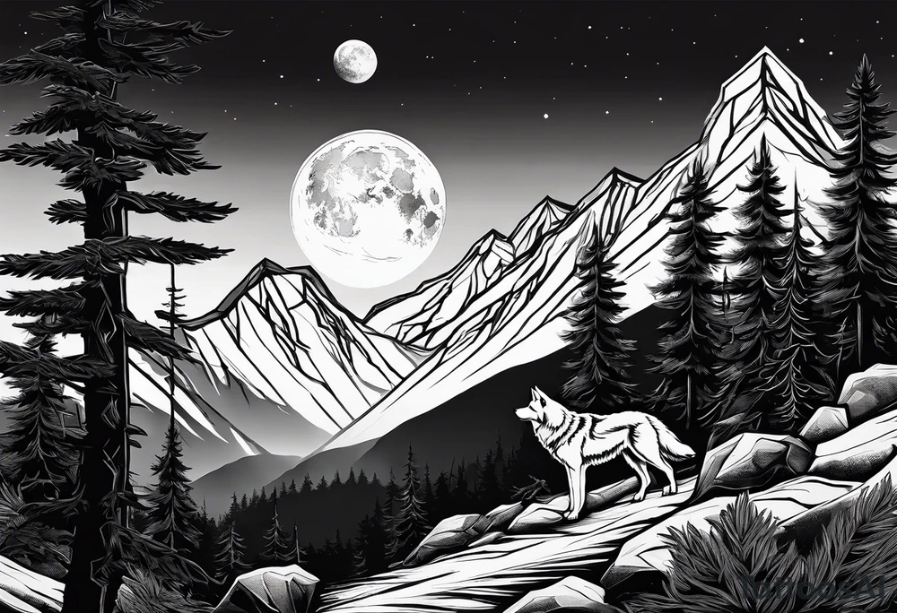 Half sleeve
Peaks of mountains with a moon behind it
Dark woods below the mountains with a narrow trail with two wolves on bottom of the trails tattoo idea