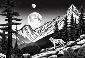 Half sleeve
Peaks of mountains with a moon behind it
Dark woods below the mountains with a narrow trail with two wolves on bottom of the trails tattoo idea