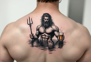 young, fit poseidon in calm water, holding a trident, drinking a beer, with foot on his bicep tattoo idea