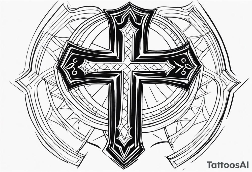 shoulder armor piece with a cross in the center and a sun on the side tattoo idea