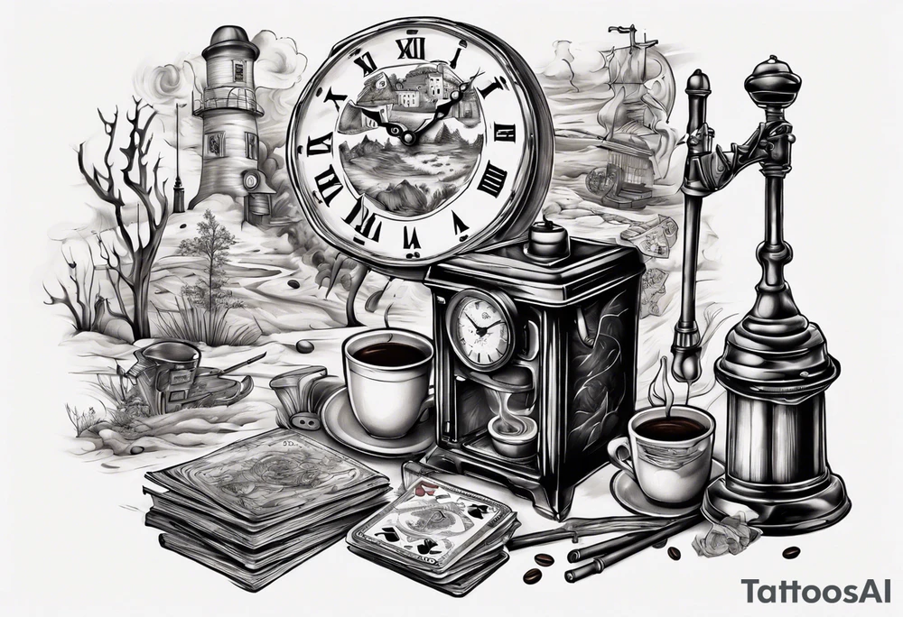 mounting landscape.
In a middle an antique clock at 9:44pm. across the tattoo a cinema film. game of poker 4 cards. a old walking stick and 
Italian coffee maker. tattoo idea