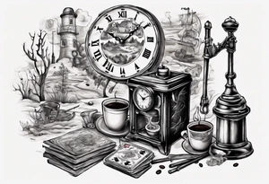 mounting landscape.
In a middle an antique clock at 9:44pm. across the tattoo a cinema film. game of poker 4 cards. a old walking stick and 
Italian coffee maker. tattoo idea