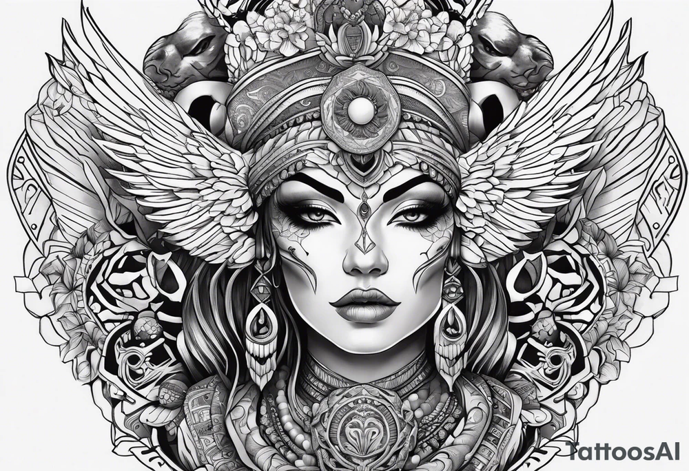 kali ma, alien goddess, valkrye, aries, pirate, divine feminine, zenza resonance, pachamama, lotus azul, blank panther, eagle, skull, 5D, nueva gaya, dna 12 tattoo idea