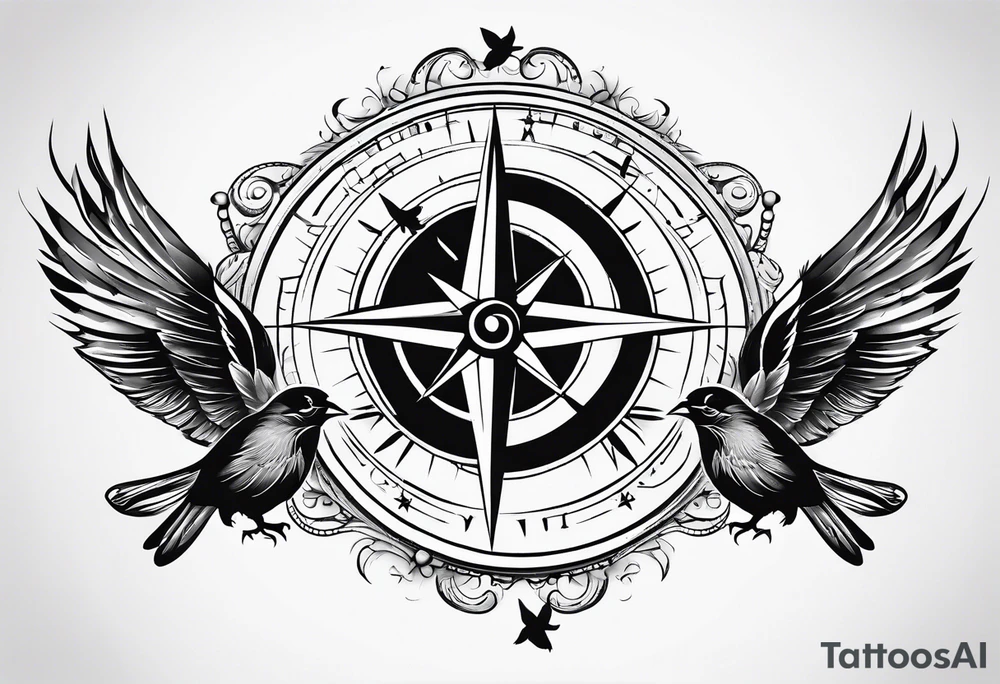 Simple compass with three black birds flying by north tattoo idea Simple compass with three black birds flying by north tattoo idea