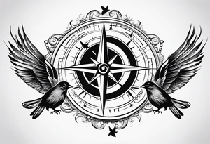 Simple compass with three black birds flying by north tattoo idea