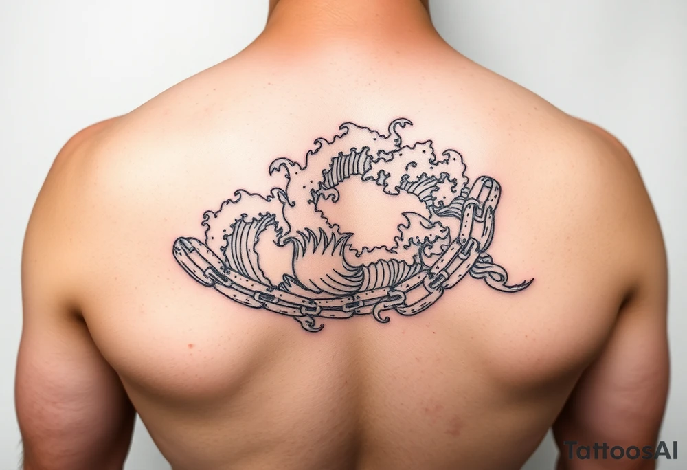 Ocean with an unbroken chain, complex, realistic, feminine, thin lines tattoo idea