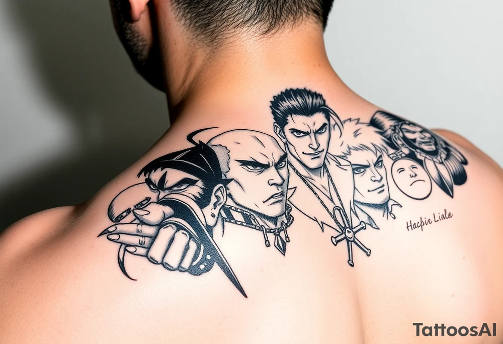 Battle royal anime sleeve with several characters from different Manga tattoo idea