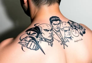 Battle royal anime sleeve with several characters from different Manga tattoo idea