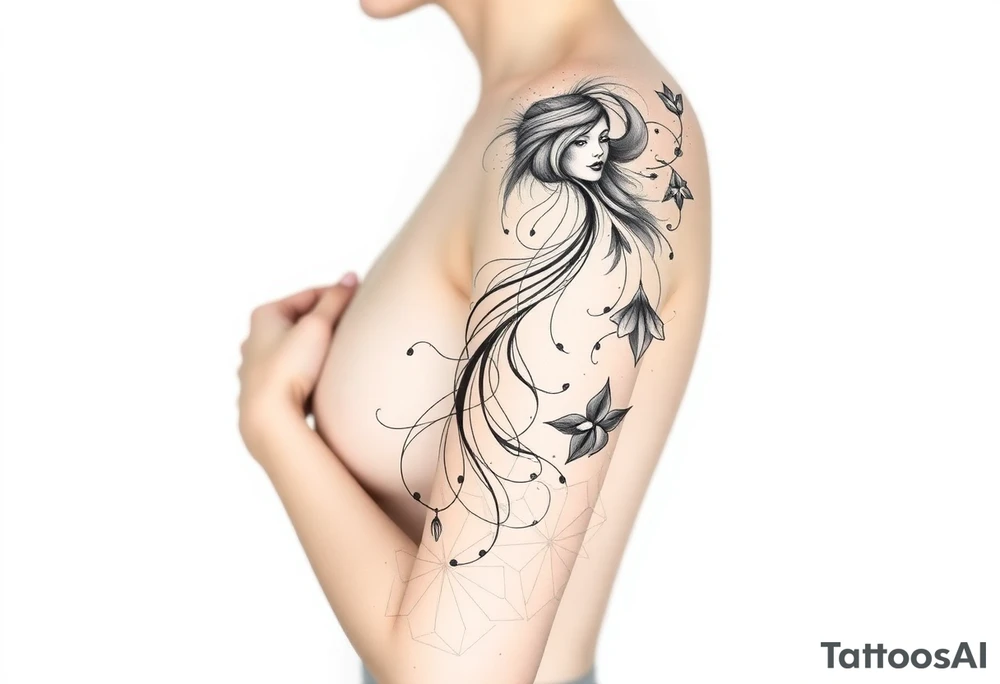 A mystical tattoo design for a woman, inspired by mythology. The artwork features a delicate yet powerful composition with elements from ancient myths—perhaps a goddess, a mythical creature, or enchanted symbols. The design should have a dreamy, ethereal feel with soft, blurred lines, creating a sense of mystery and fluidity. The shading should be smooth, with a watercolor or misty effect, making the tattoo appear almost like a fading legend on the skin. The overall aesthetic should be elegant, feminine, and slightly surreal. tattoo idea