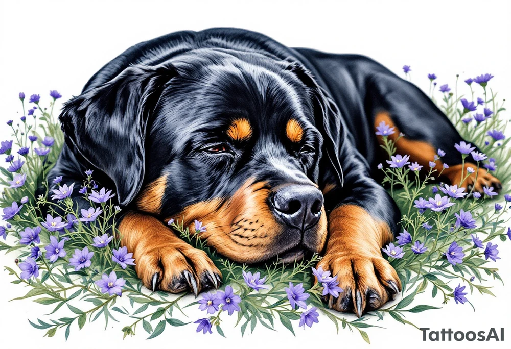 Rottweiler in Flowers – A full-body Rottweiler lying peacefully in a field of purple wildflowers. Rich black and tan fur contrasting with violet and green tones. tattoo idea