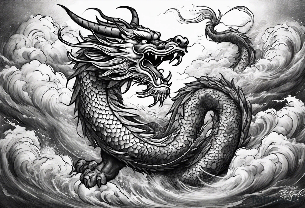 chinese dragon flying through a storm tattoo idea