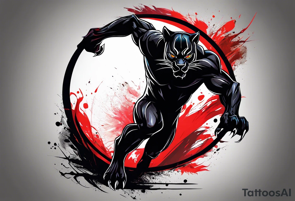 unique black panther tattoo, dynamic pose, showcasing its strength and grace, striking red eyes, intense and captivating elements, artistic flair, blending realism with abstract elements tattoo idea