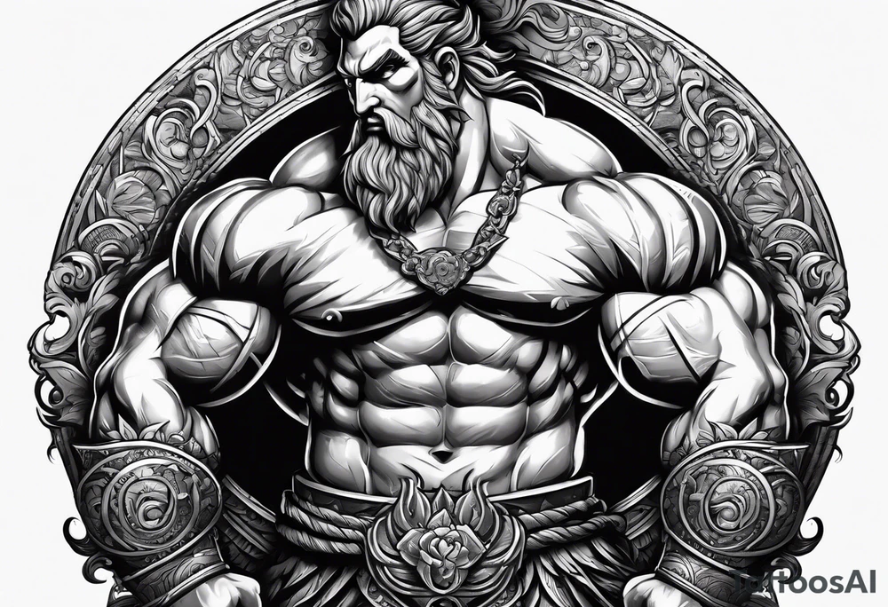 full body strong mythical giant turned to the side about to punch something stipple shading tattoo idea