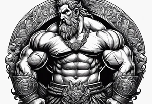full body strong mythical giant turned to the side about to punch something stipple shading tattoo idea