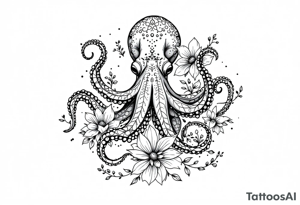 realistic octopus, detailed linework, intricate, black-and-grey shading, surrounded by floral ornaments, intertwining and merging with flowers, thin black swirling lines, semi-transparent brown leaves, dotwork, ornamental flourishes, radiating design, fine-line style, minimalistic, organic flow, feminine, artistic, slightly surreal, seamless composition, marine botanical fusion, lifelike texture, graceful rhythm, smooth shading, soft leaves wrapping, blooming shoulder flower, outward radiating pattern, vine tentacle flow, integrated sea creature, botanical octopus curved body placement, natural organic movement tattoo idea