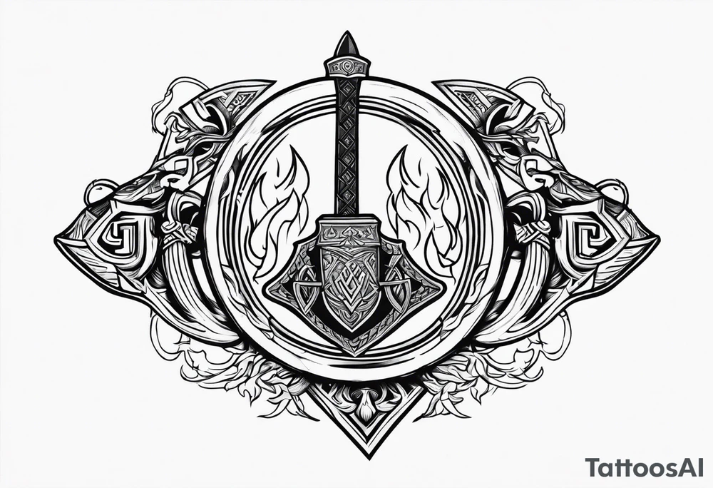 Valhalla shield valknut sword axe flames cloud tattoo idea
