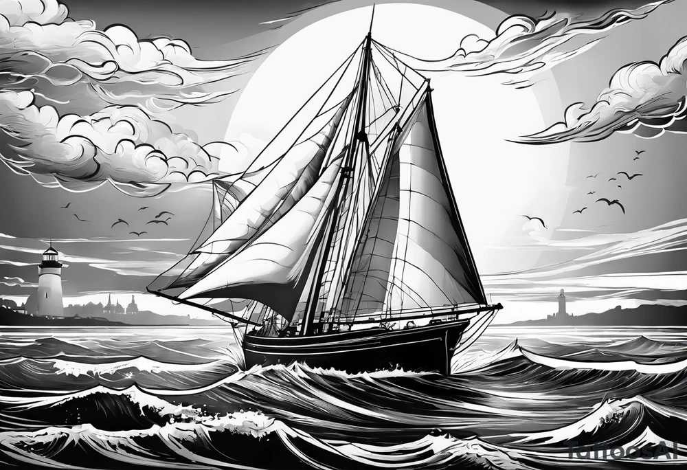 phare maritime dans un bateau a voiles. tattoo idea