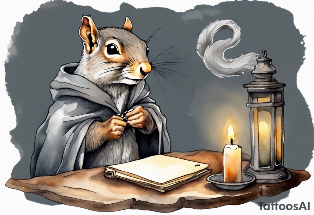 an elderly grey squirrel with a beard dressed in a grey cloak sitting in the dark writing a letter by candlelight tattoo idea