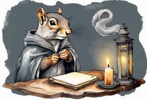 an elderly grey squirrel with a beard dressed in a grey cloak sitting in the dark writing a letter by candlelight tattoo idea