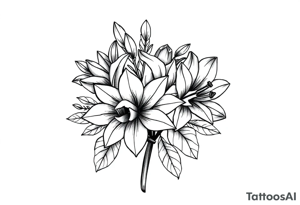 small flower bouquet that has daffodil, violet and narcisuss tattoo idea