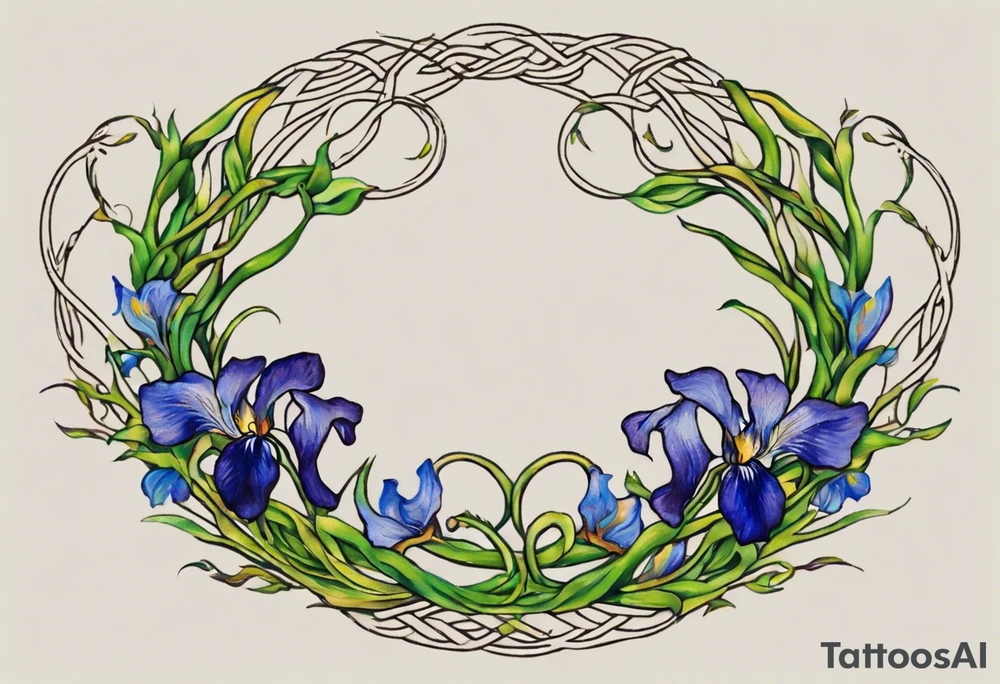Create a small, colorful Vincent van Gogh Irises tattoo in the form of a crescent, with vines in Celtic knot style gracefully intertwining at a central point in the middle of the wreath. The intended placement is on the upper chest. The middle needs mountains. The overall design should be small in size while maintaining a delicate and artistic aesthetic. Pay attention to the graceful flow of the vines and the placement of the irises to achieve a refined and elegant look. tattoo idea