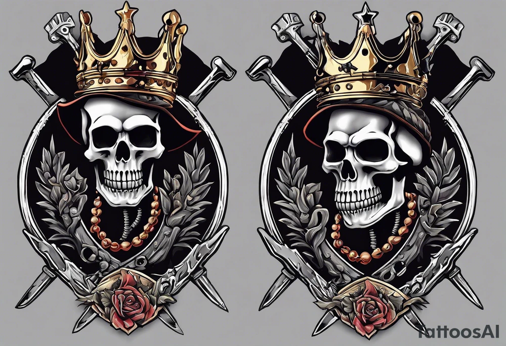 image of a skeleton standing frontally with a crown on his head, holding an AK-47 on his shoulder with his right hand. The chain on the left should be taut, there are three angry barking Dobermans in it, near the waist tattoo idea