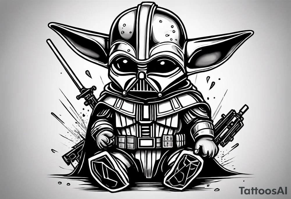 Baby grogu killing Darth Vader while wearing mandalorian armor tattoo idea