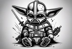 Baby grogu killing Darth Vader while wearing mandalorian armor tattoo idea