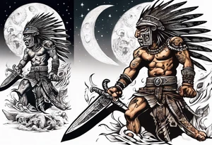 Aztec warrior with a spiked obsidian sword fighting against the god of death at night with moonlight skies tattoo idea