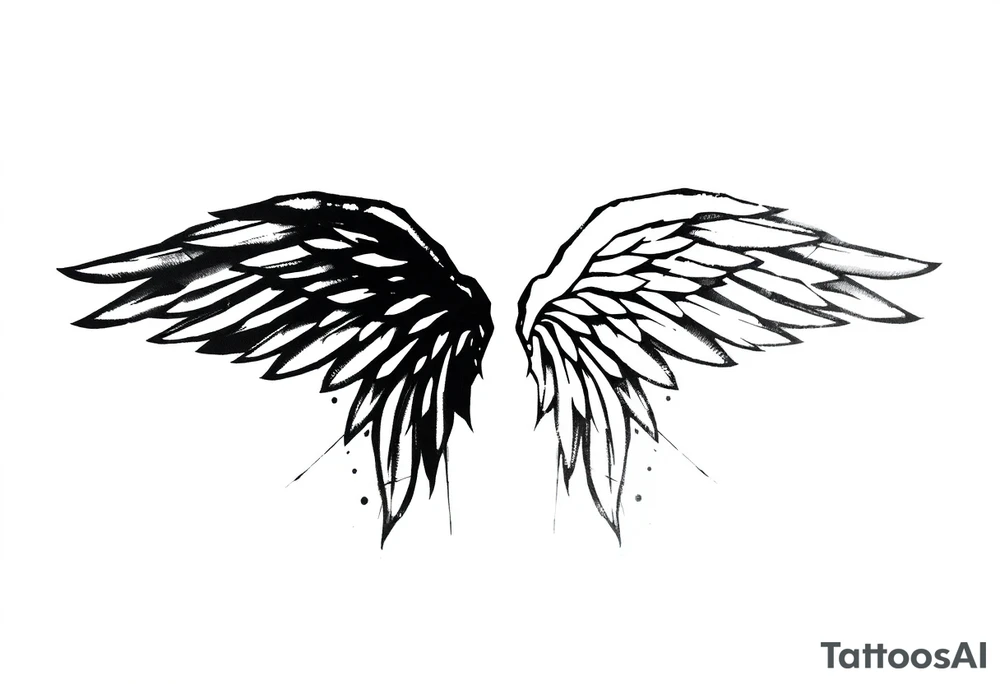the wings go up

This tattoo design features a pair symmetrical angel wings drawn in black ink with a rough, sketch-like style. The left wing is darker, more defined, and appears denser, while the right wing is lighter, more delicate, and fragmented, creating a contrast between the two. The feathers are sharp and irregular, with fine lines and stray strokes extending outward, adding a raw and artistic feel. The overall look is dynamic and slightly chaotic, giving the impression of movement or an unfinished, ethereal form. This design symbolizes duality, freedom, transformation, or even struggle, making it a meaningful and visually striking tattoo. tattoo idea